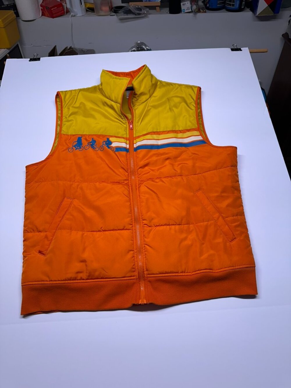 Stranger Things Retro Puffer Vest Mens 2XL Yellow Orange 80s Biker Logo EUC